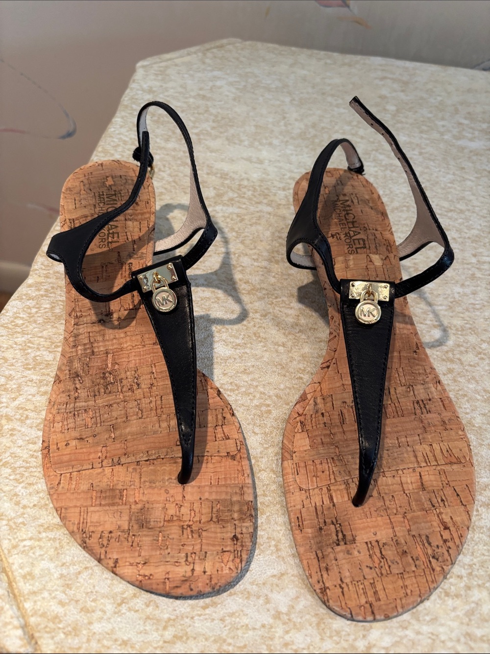 Michael Kors Black Leather Cork Footbed Thong Sandals with Gold MK Charm!